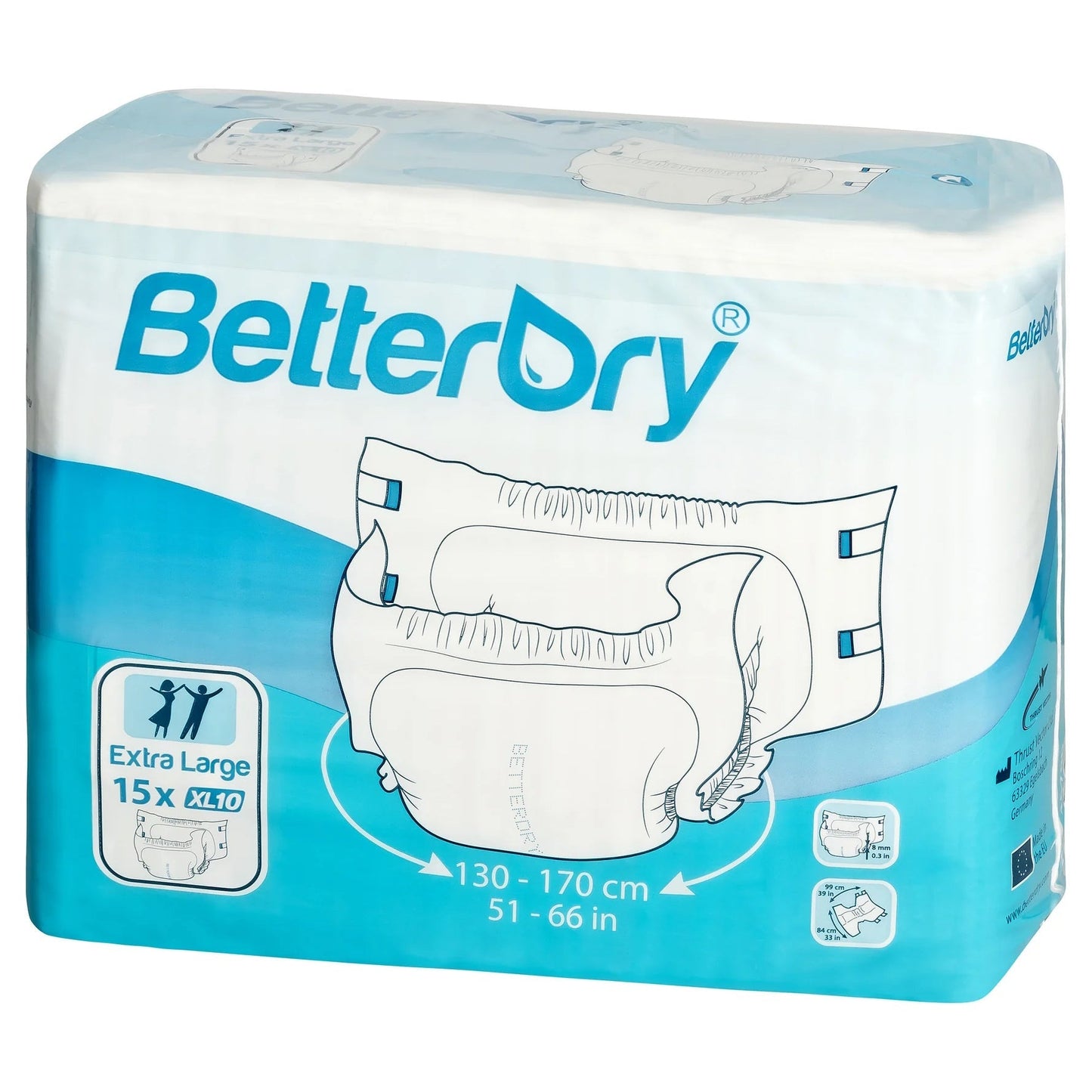 Adult diapers Extra Large XL10, 15-count, plastic backing, blue-and-white package
