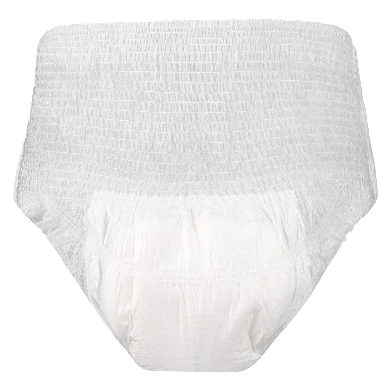 White pull-on adult diaper, front view with textured outer and absorbent pad area