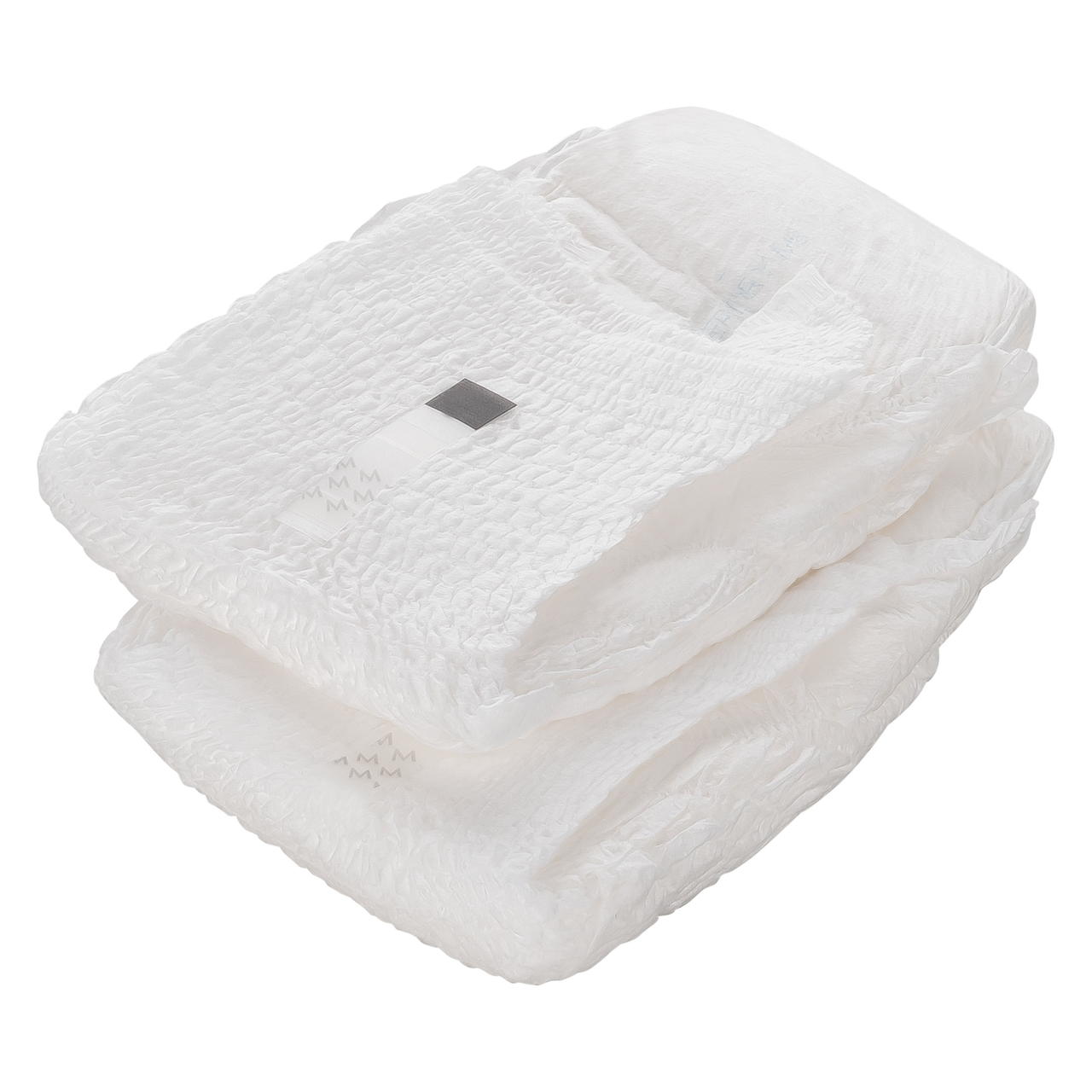 White pull-on adult diaper, folded, textured fabric with small black marker