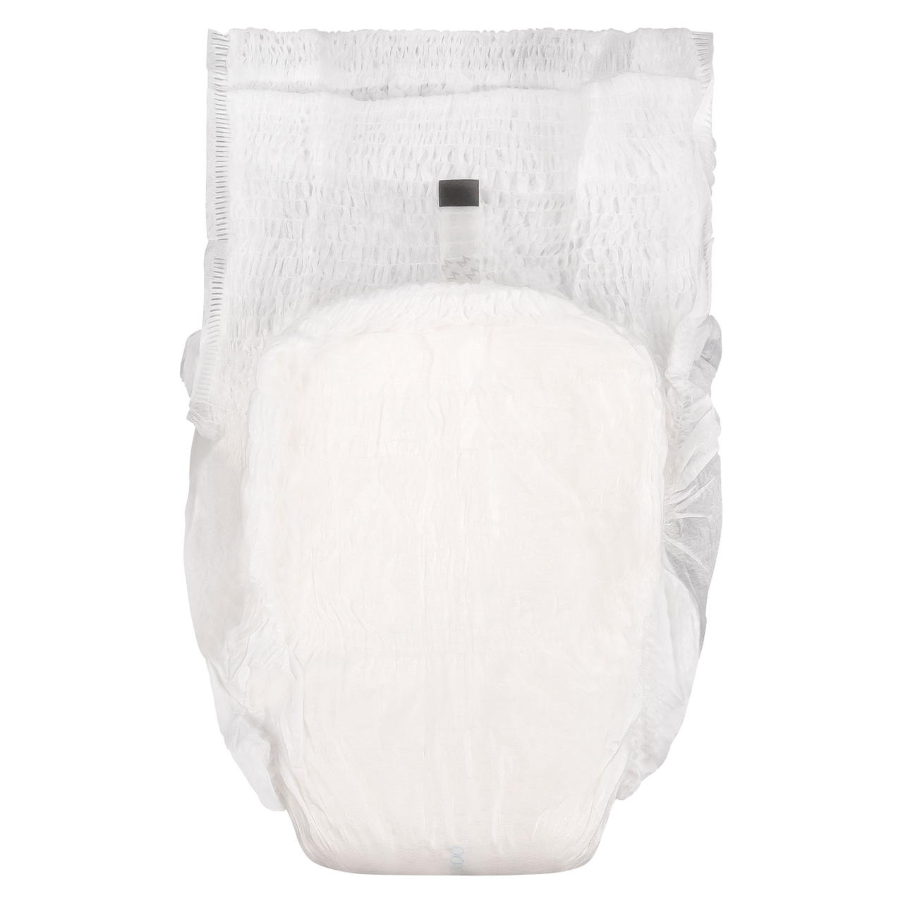 White pull-on adult diaper, front view with leg cuffs and central absorbent section