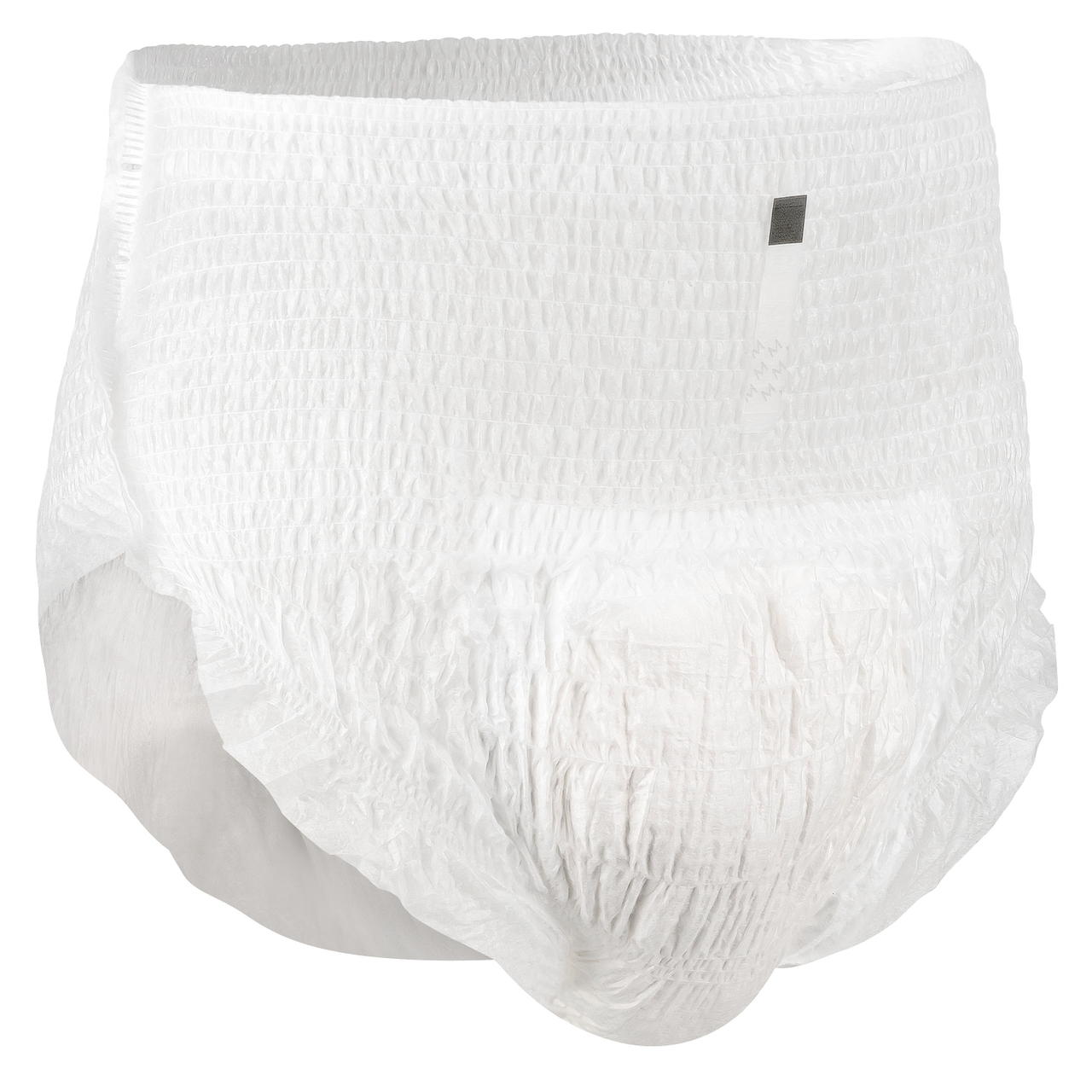 White pull-on adult diaper, angled side view with elastic leg gathers and small label
