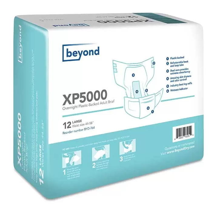 XP5000 adult brief diapers, large size; rear view with leg cuffs and fasteners diagram