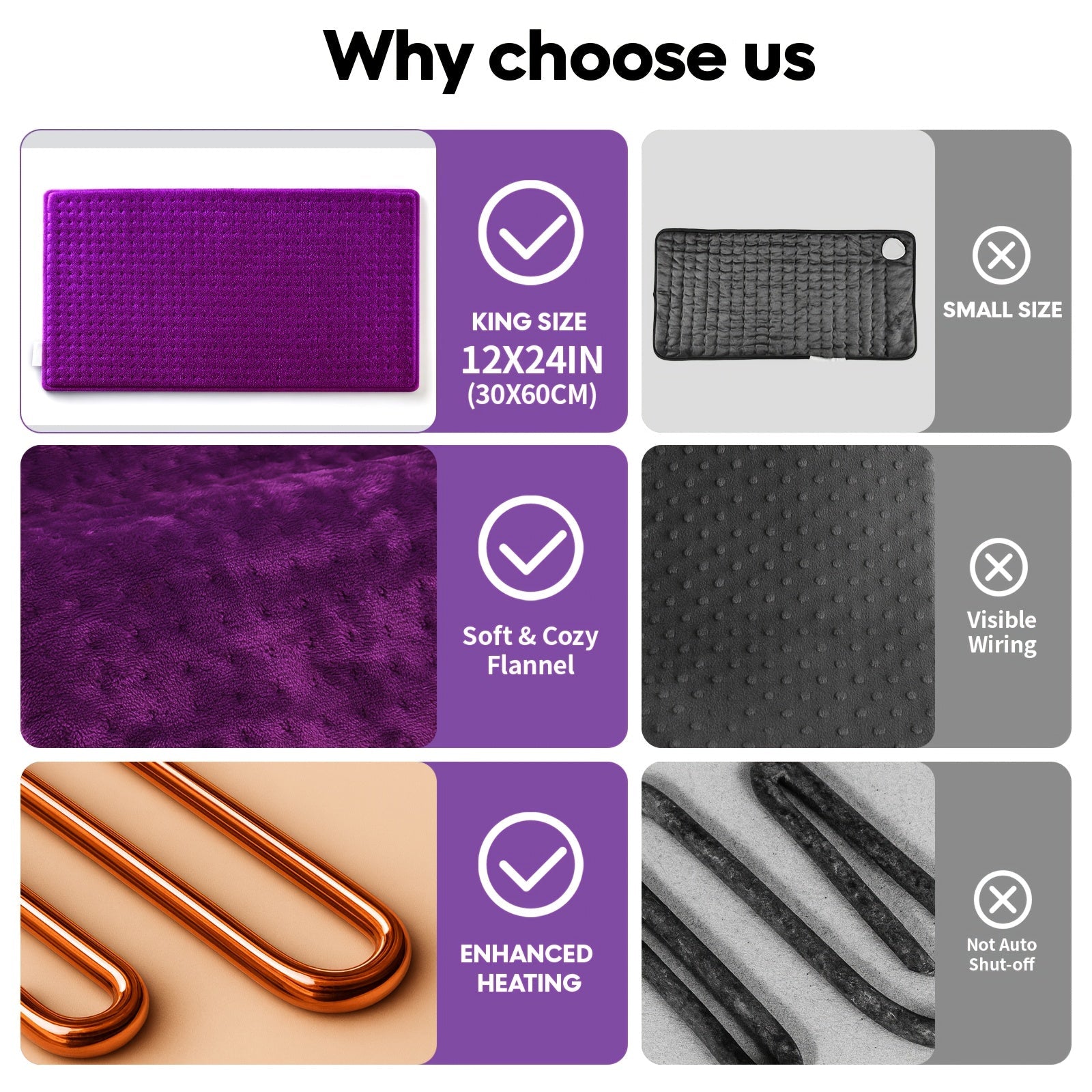 Electric heating pad with soft plush flannel, purple cover shown with hidden wiring