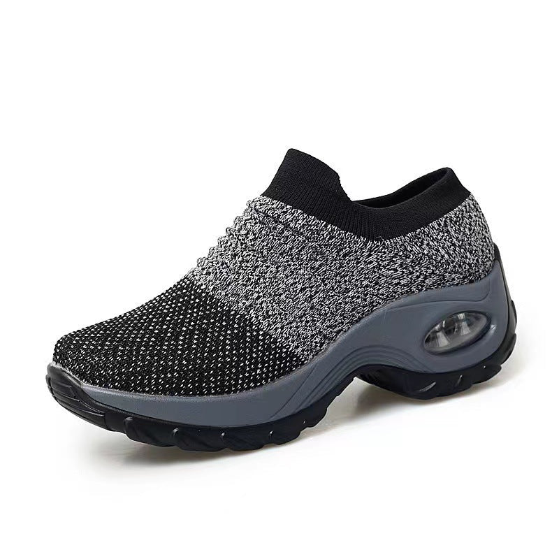 Speckled gray knit slip-on sneakers with gray sole and air-cushion window