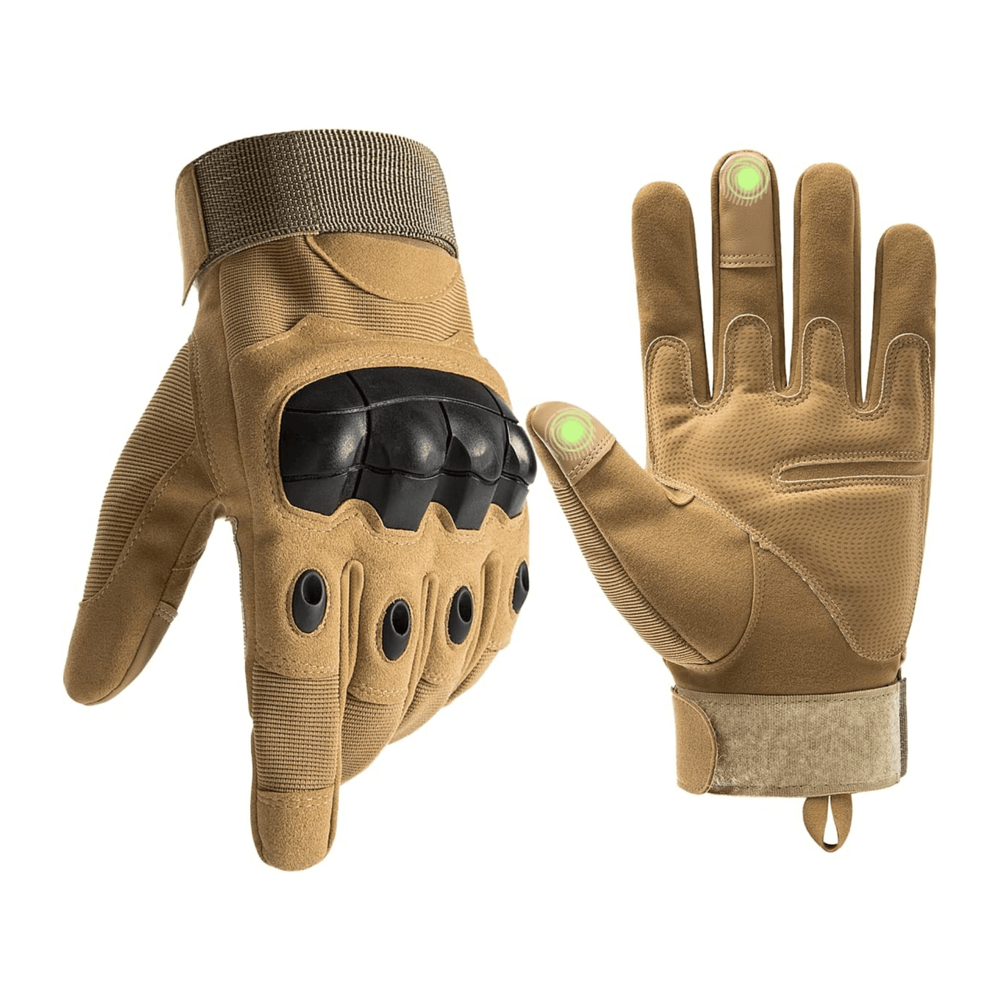 Tan tactical gloves with knuckle armor, padded palms, and touchscreen tips