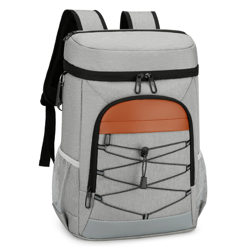 Light gray insulated backpack with orange front panel, black zipper, and mesh side pocket