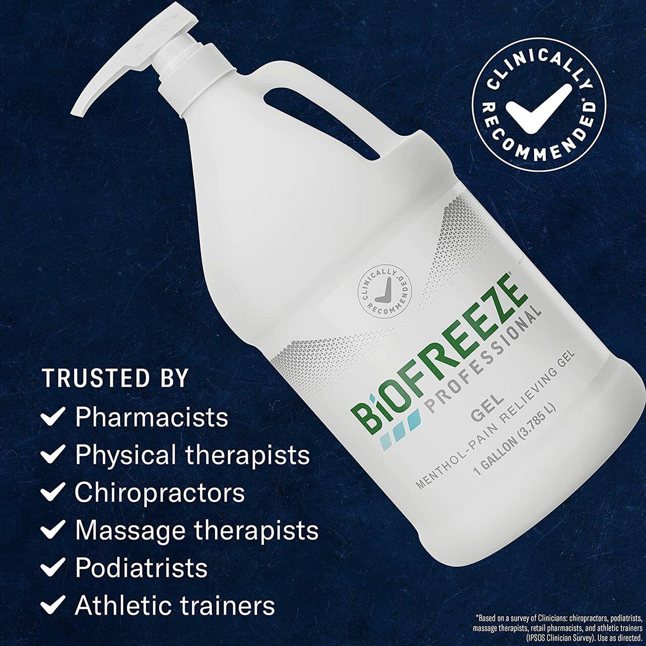 Biofreeze Professional menthol pain relief gel, 1-gallon bottle angled with seal
