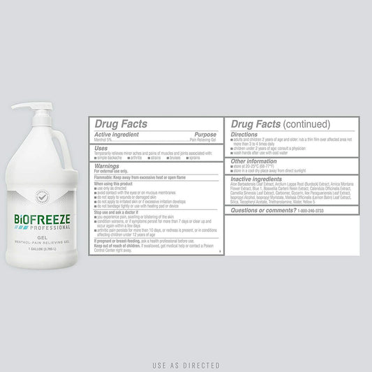 Biofreeze Professional menthol pain relief gel bottle back, Drug Facts panel