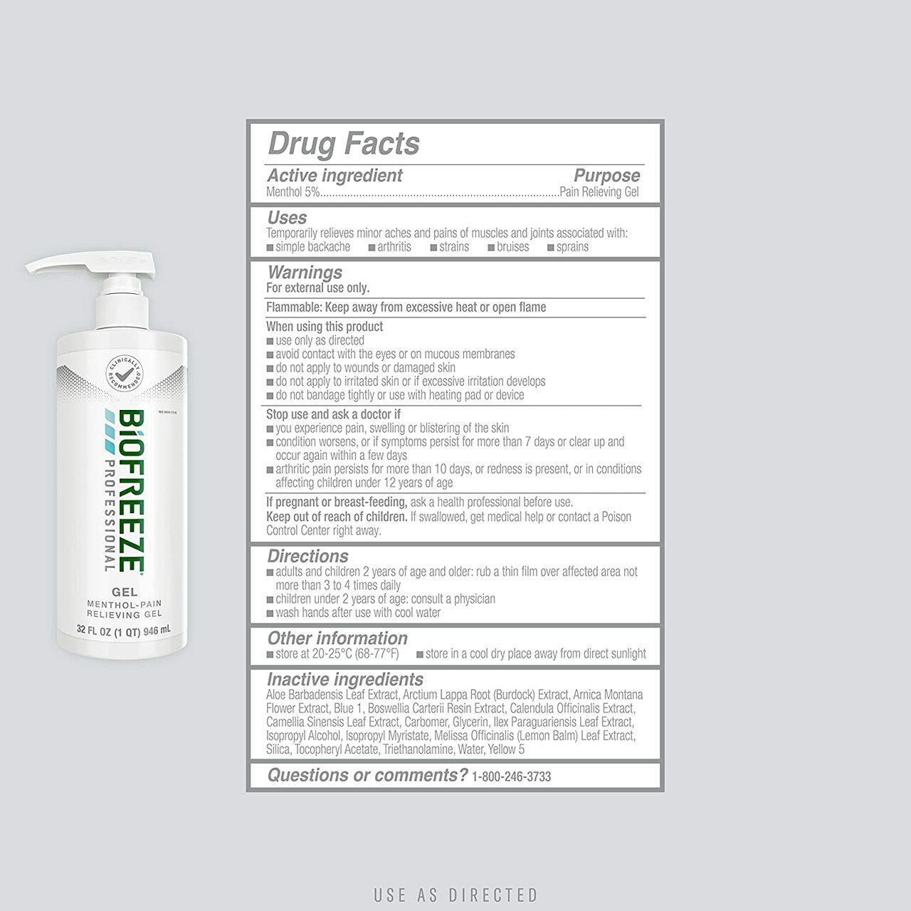 Biofreeze gel bottle back label with Drug Facts and Directions, 32 fl oz pump