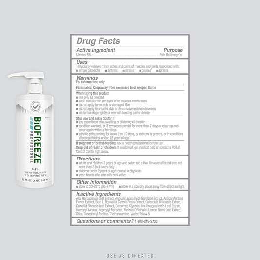 Biofreeze gel bottle back label with Drug Facts and Directions, 32 fl oz pump