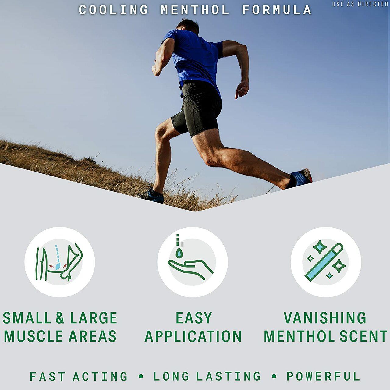 Cooling menthol formula icons: small & large muscle areas, easy application