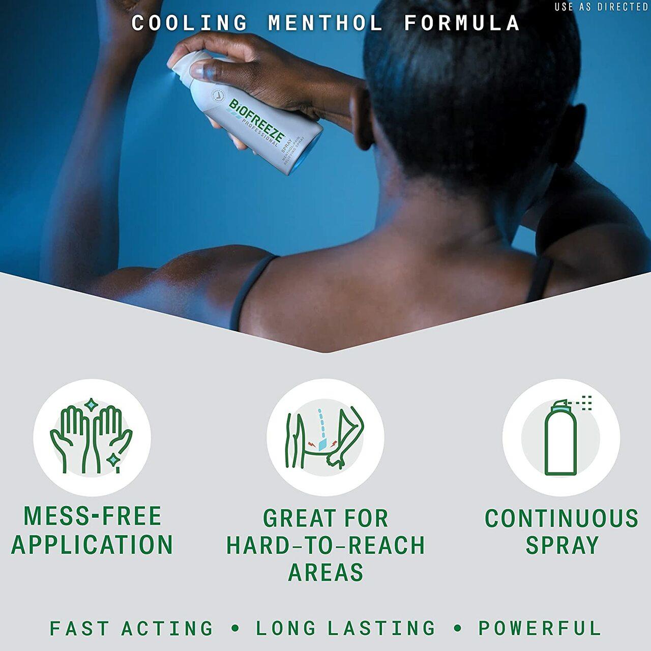 Biofreeze spray can being held, cooling menthol formula for pain relief