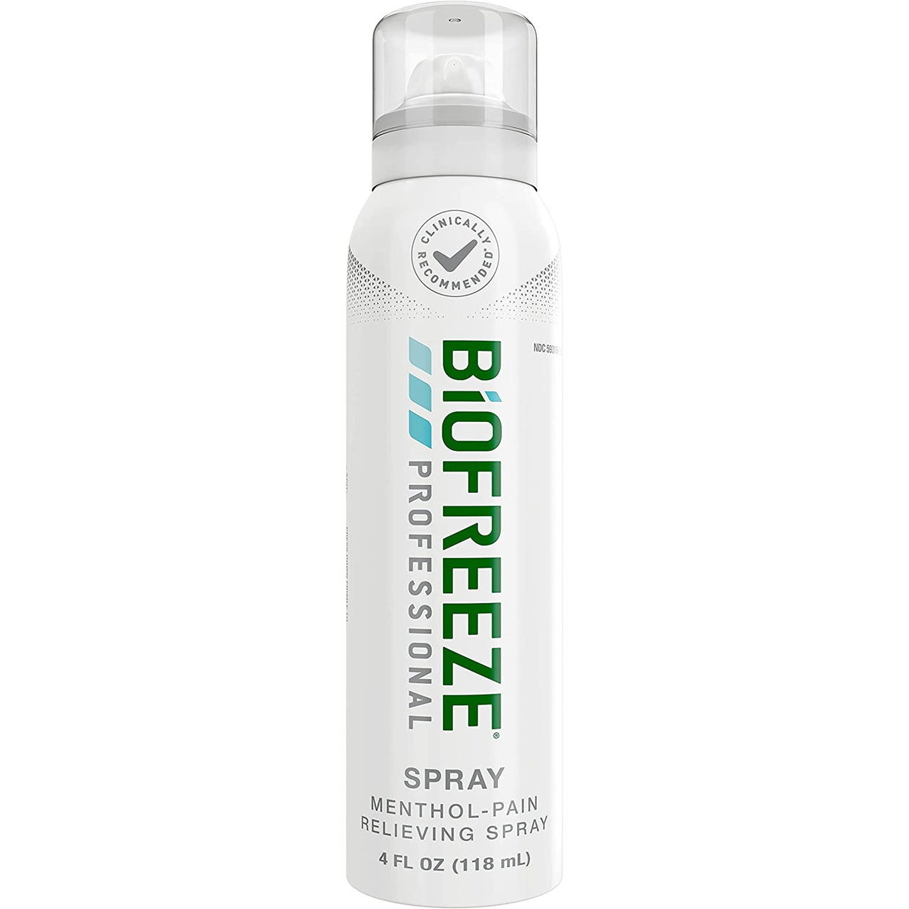 Biofreeze Professional pain relief spray bottle, white can with green/blue label