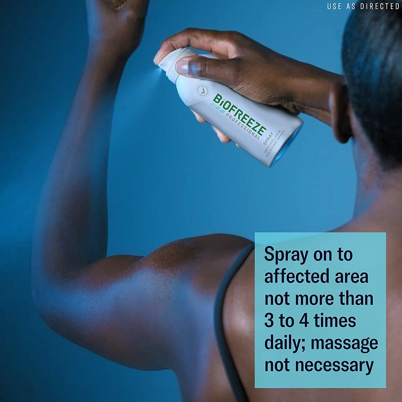 Biofreeze spray bottle in hand, instruct to spray on affected area