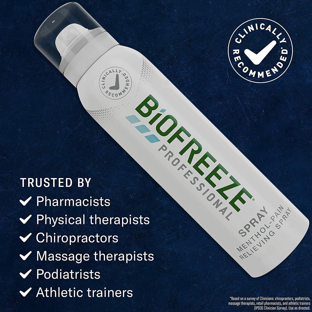 Biofreeze menthol pain relief spray bottle angled view with Clinically Recommended seal