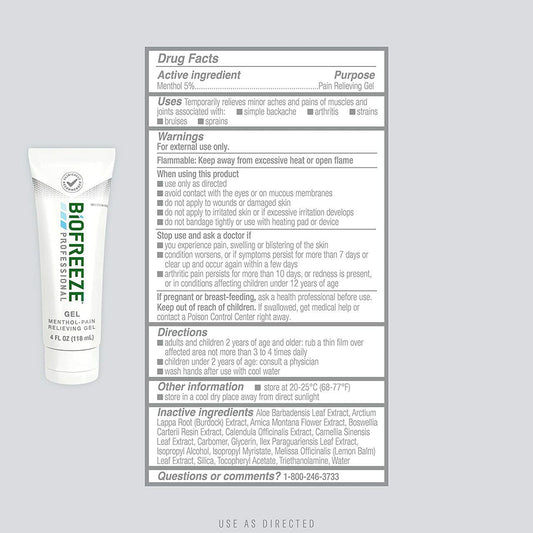 Pain relief gel tube back panel with Drug Facts and directions