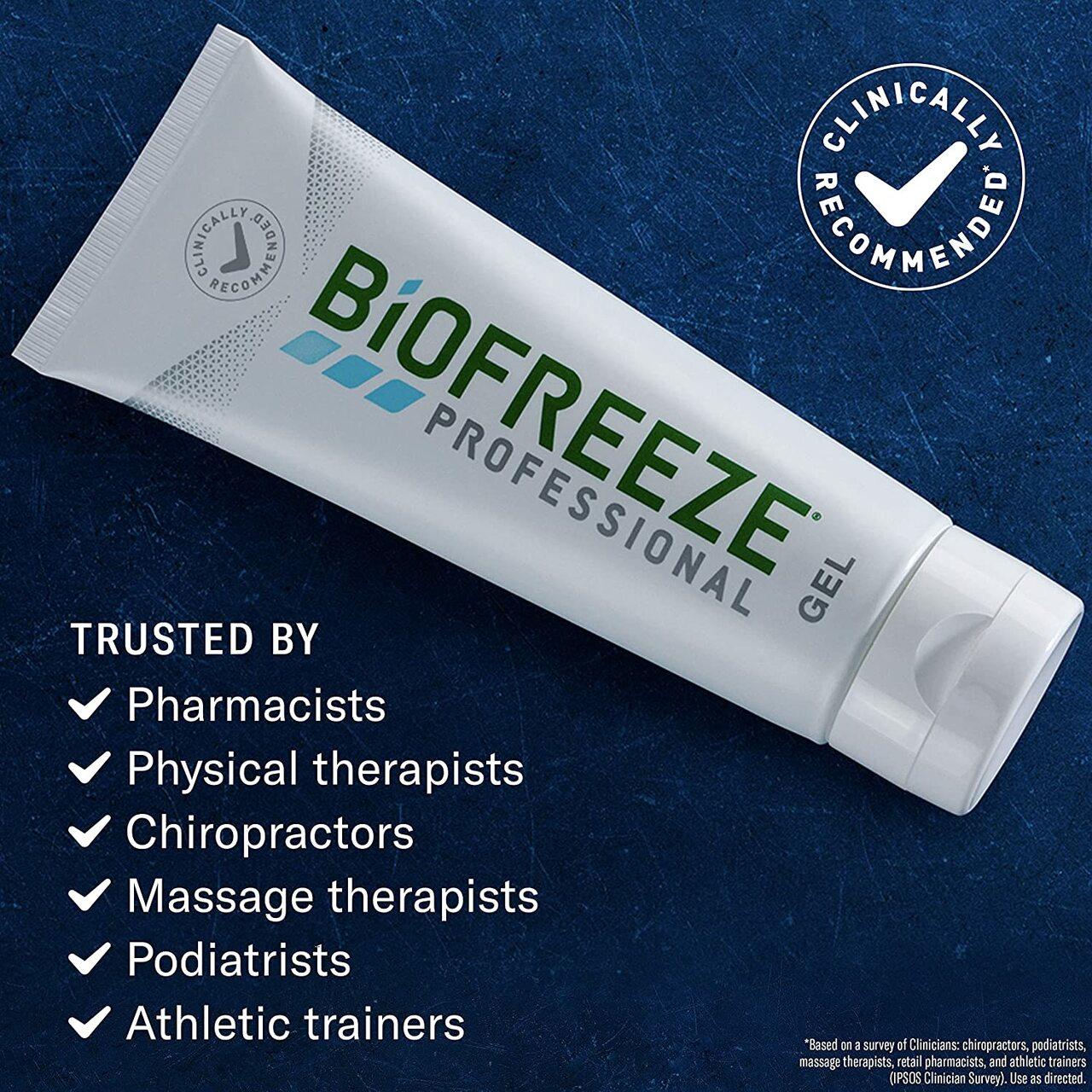 Pain relief gel tube with clinically recommended seal and mint-green BIOFREEZE logo
