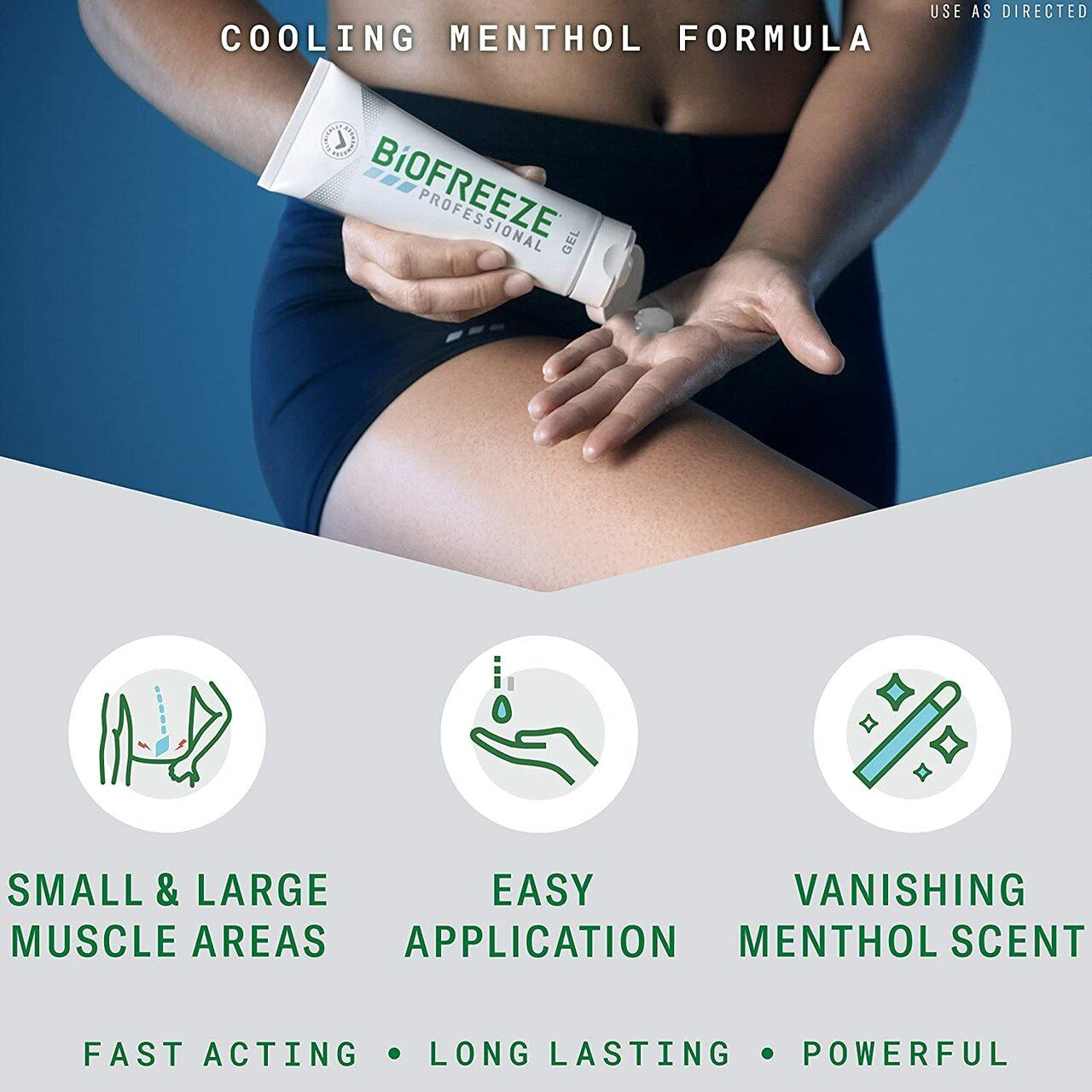 Pain relief gel being applied from white tube onto leg