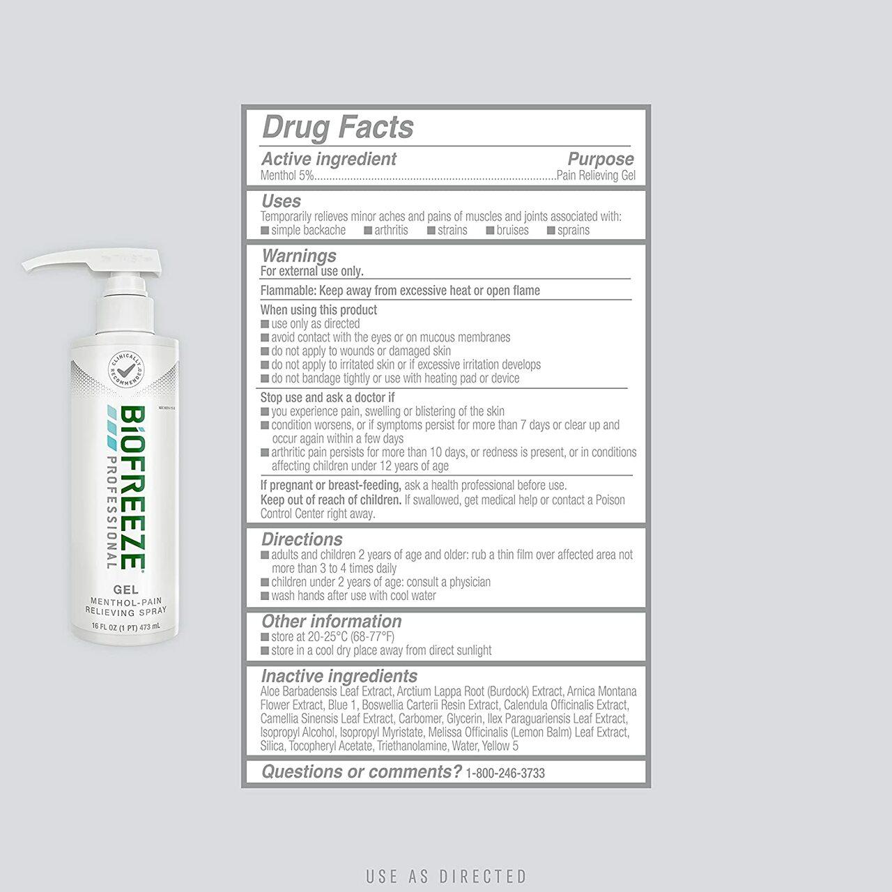 Biofreeze Professional pain relief gel bottle label, drug facts panel, green