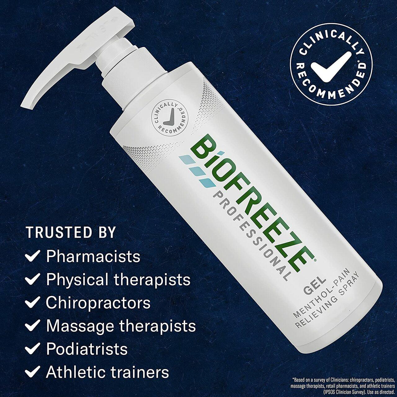 Clinically recommended Biofreeze Professional pain relief gel, green menthol spray