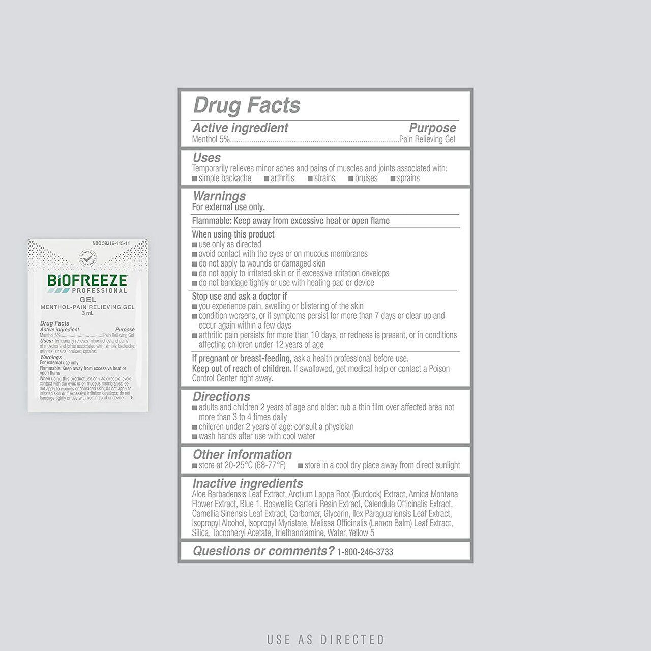 Biofreeze Professional menthol pain relief gel packet, Drug Facts and directions panel