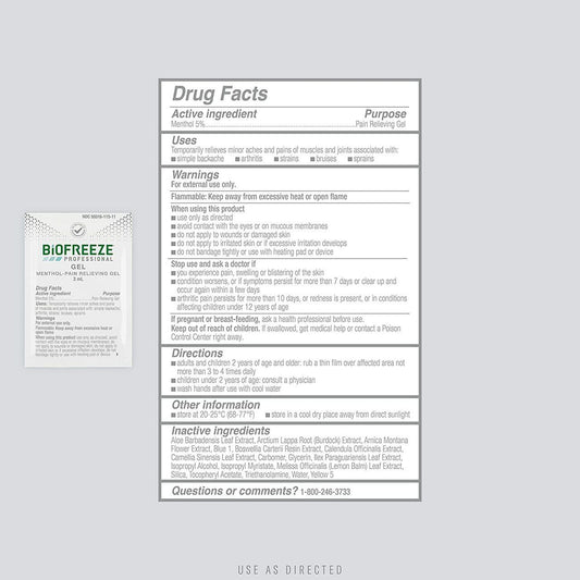Biofreeze Professional menthol pain relief gel packet, Drug Facts and directions panel
