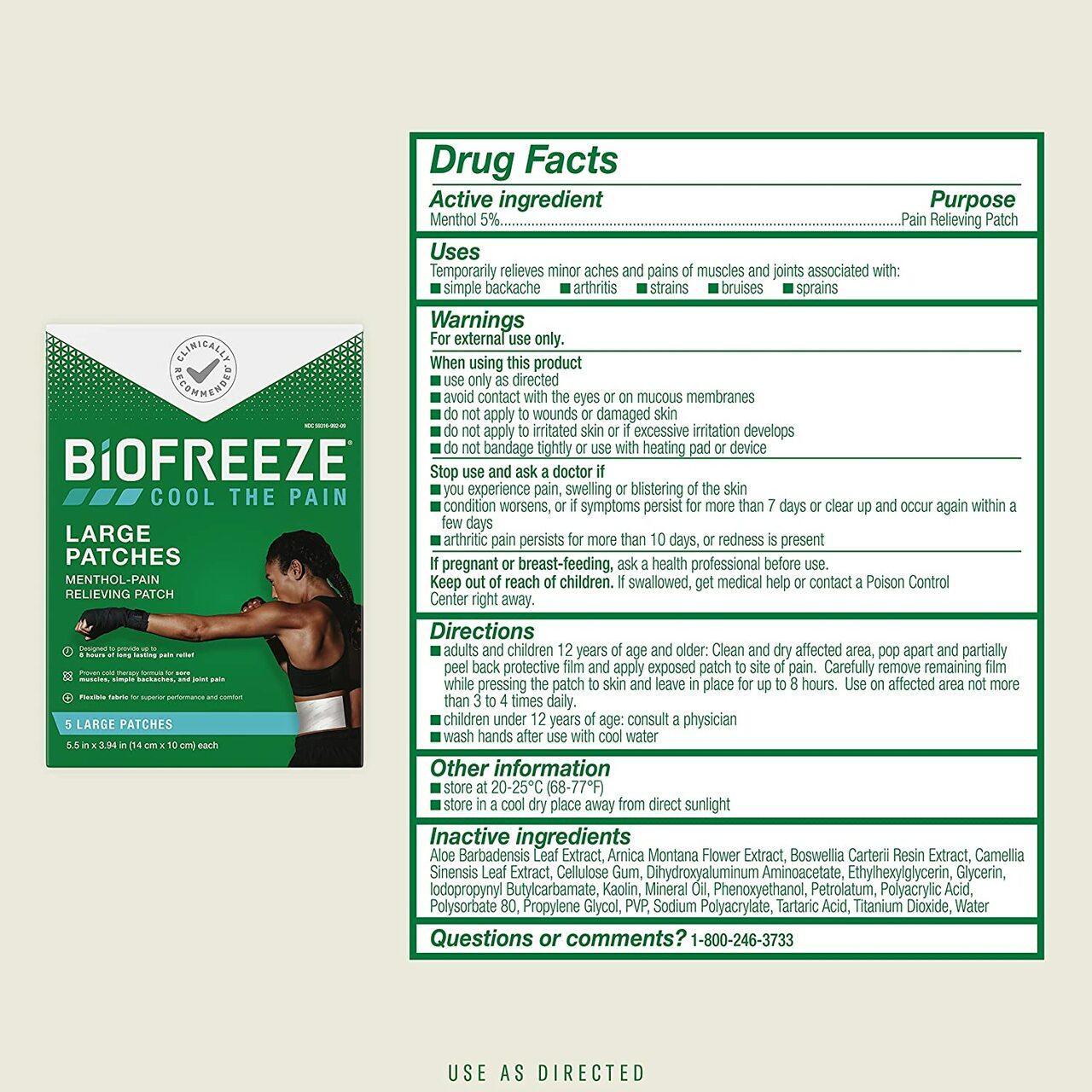 Biofreeze large patches Drug Facts panel: uses, warnings, directions