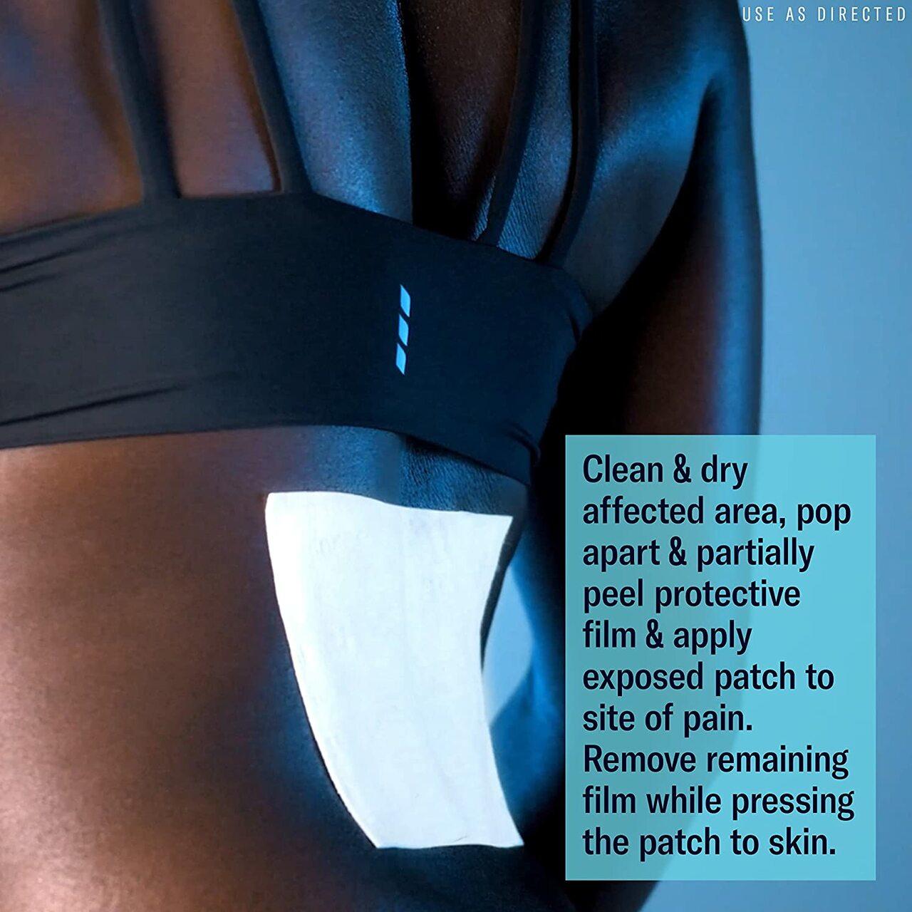 Applied large pain relief patch with clean-and-dry application instructions