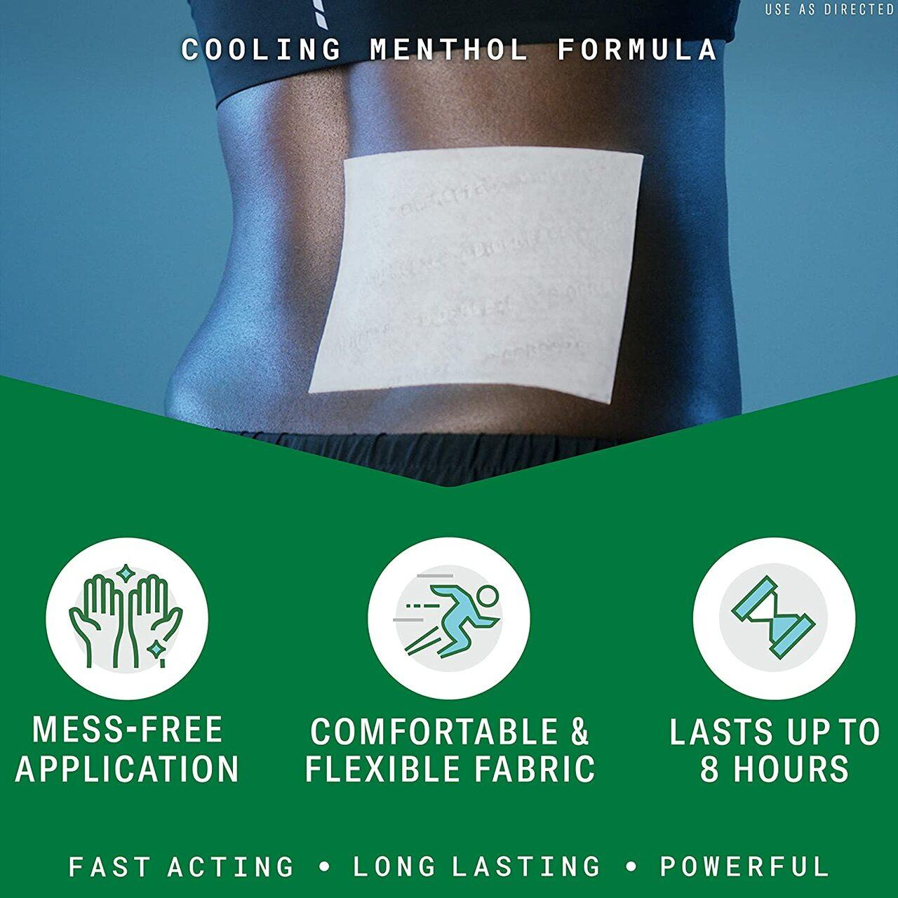 Cooling menthol formula pain relief patch applied on skin, use as directed