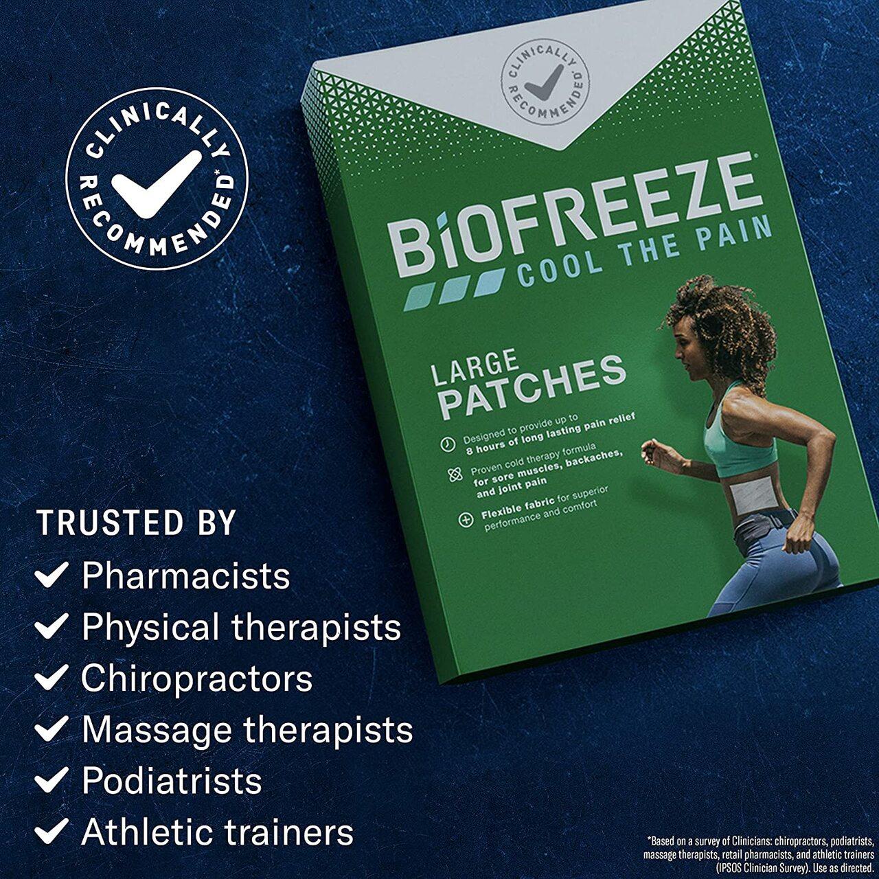 Large menthol pain relief patch box with Biofreeze logo and clinically recommended badge