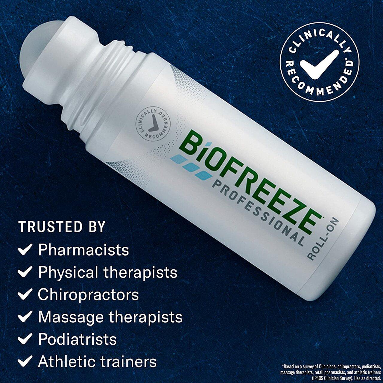 Roll-on menthol pain relief gel bottle with green label text and roller cap
