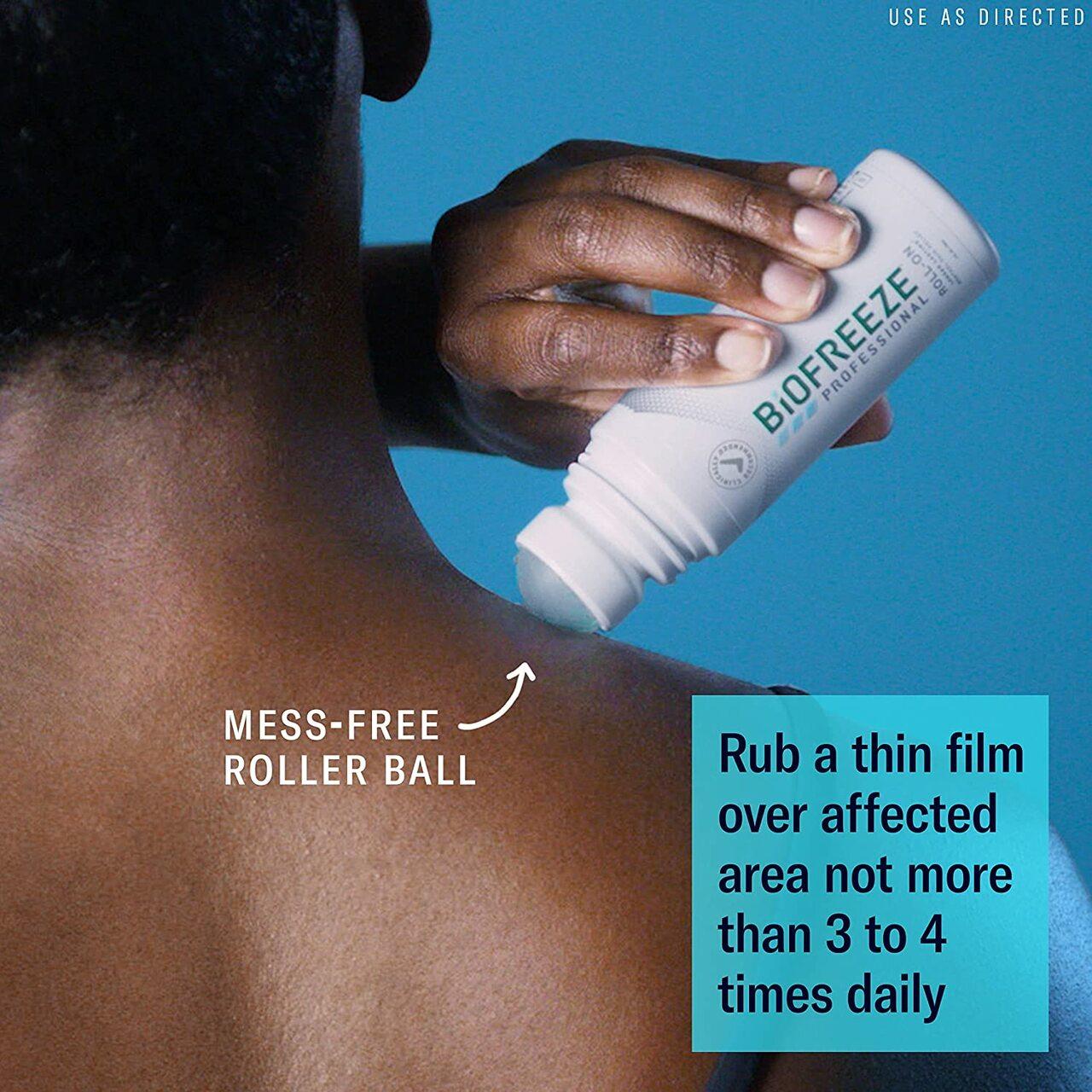 Roll-on menthol pain relief gel applied to shoulder with mess-free roller ball