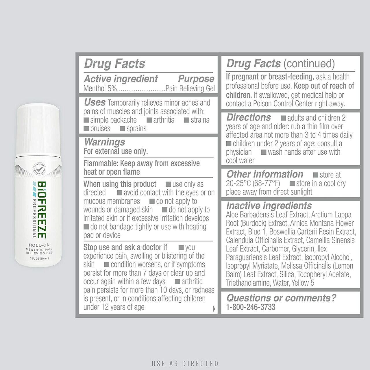 Roll-on pain relief gel bottle back label, Drug Facts, green menthol, 3 fl oz
