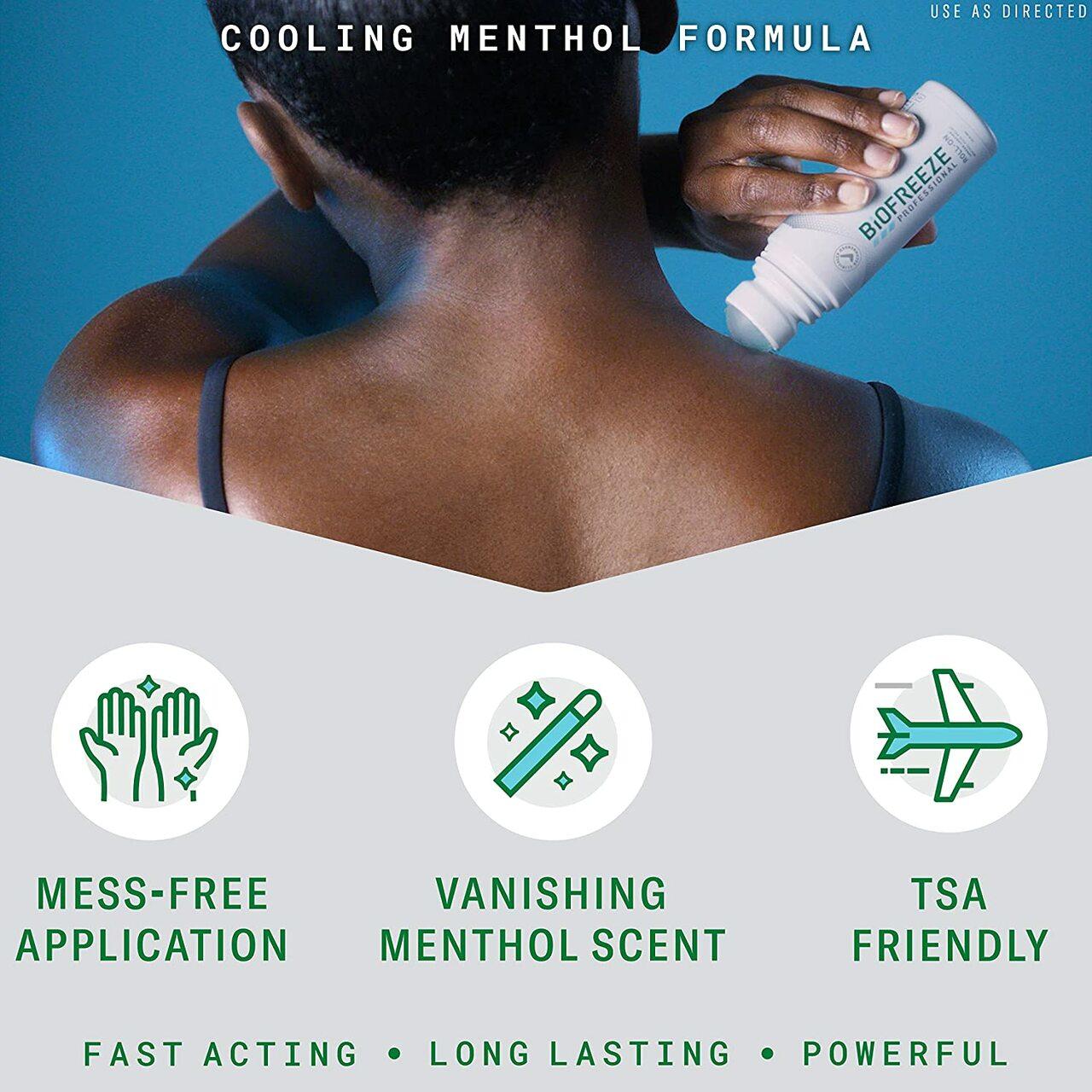 Roll-on menthol pain relief gel on shoulder, mess-free application and TSA-friendly icons