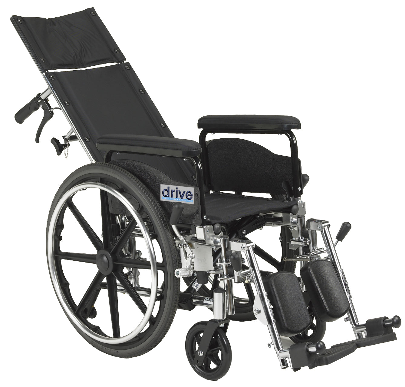 Full reclining wheelchair with padded seat, padded detachable armrests, large rear wheels