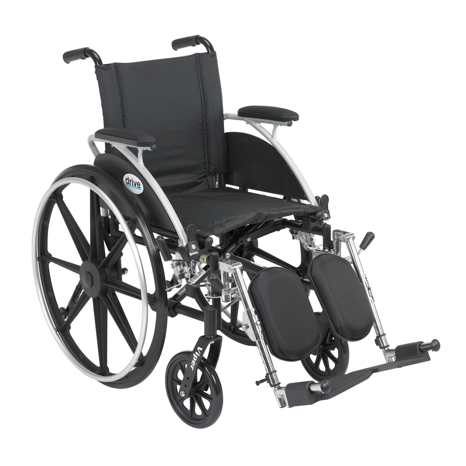 Black wheelchair, desk-style flip-back arms and elevating leg rests, 14in seat