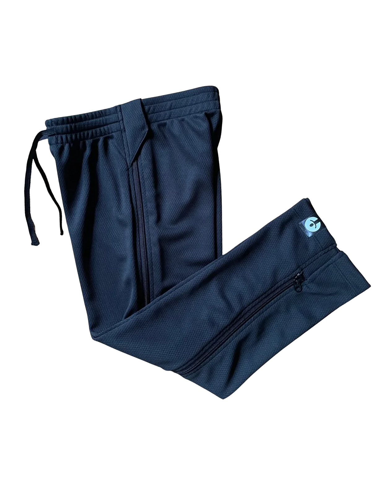 Navy blue pants with a brand logo on a white background