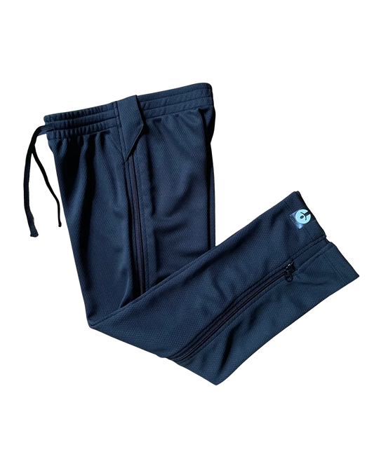 Navy blue pants with a brand logo on a white background
