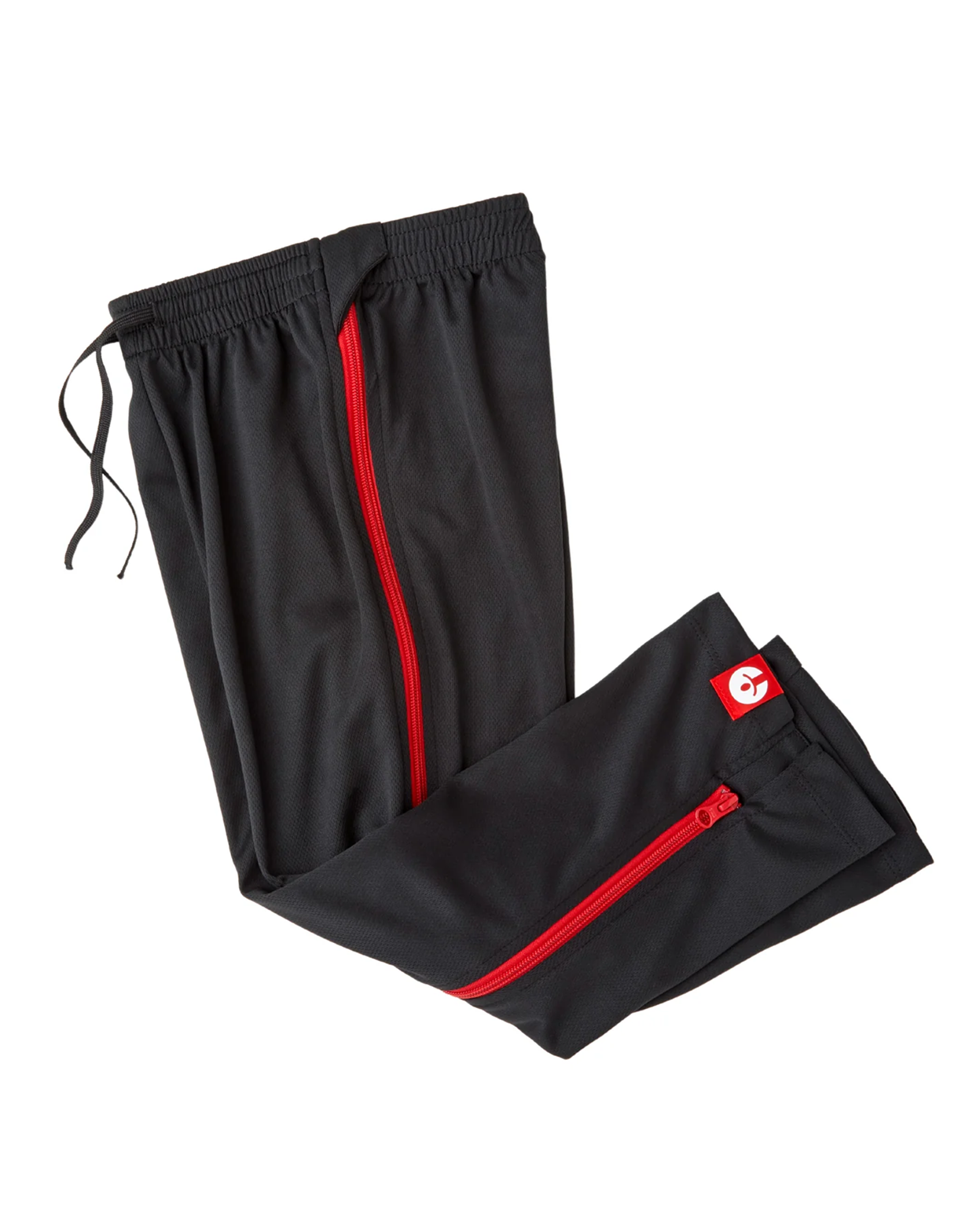 Black pants with red zippers on a white background