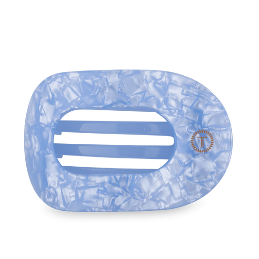 Large light blue flat round hair clip, crinkled texture, open clasp, T logo