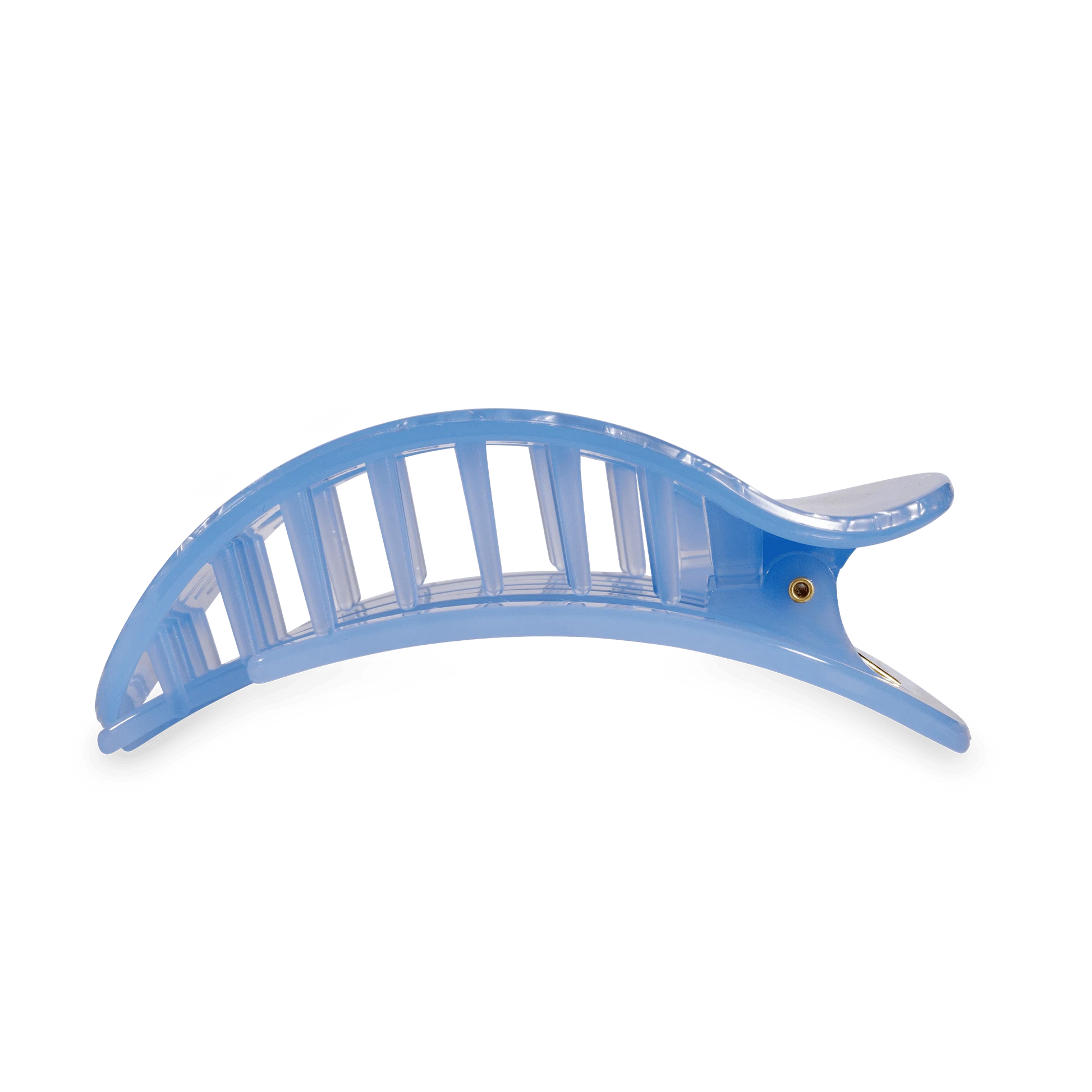 Light blue translucent claw hair clip with ridged teeth and small gold rivet