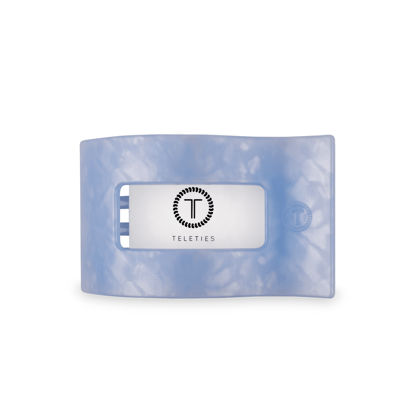 Medium flat rectangle hair clip, translucent light blue with inset center branding