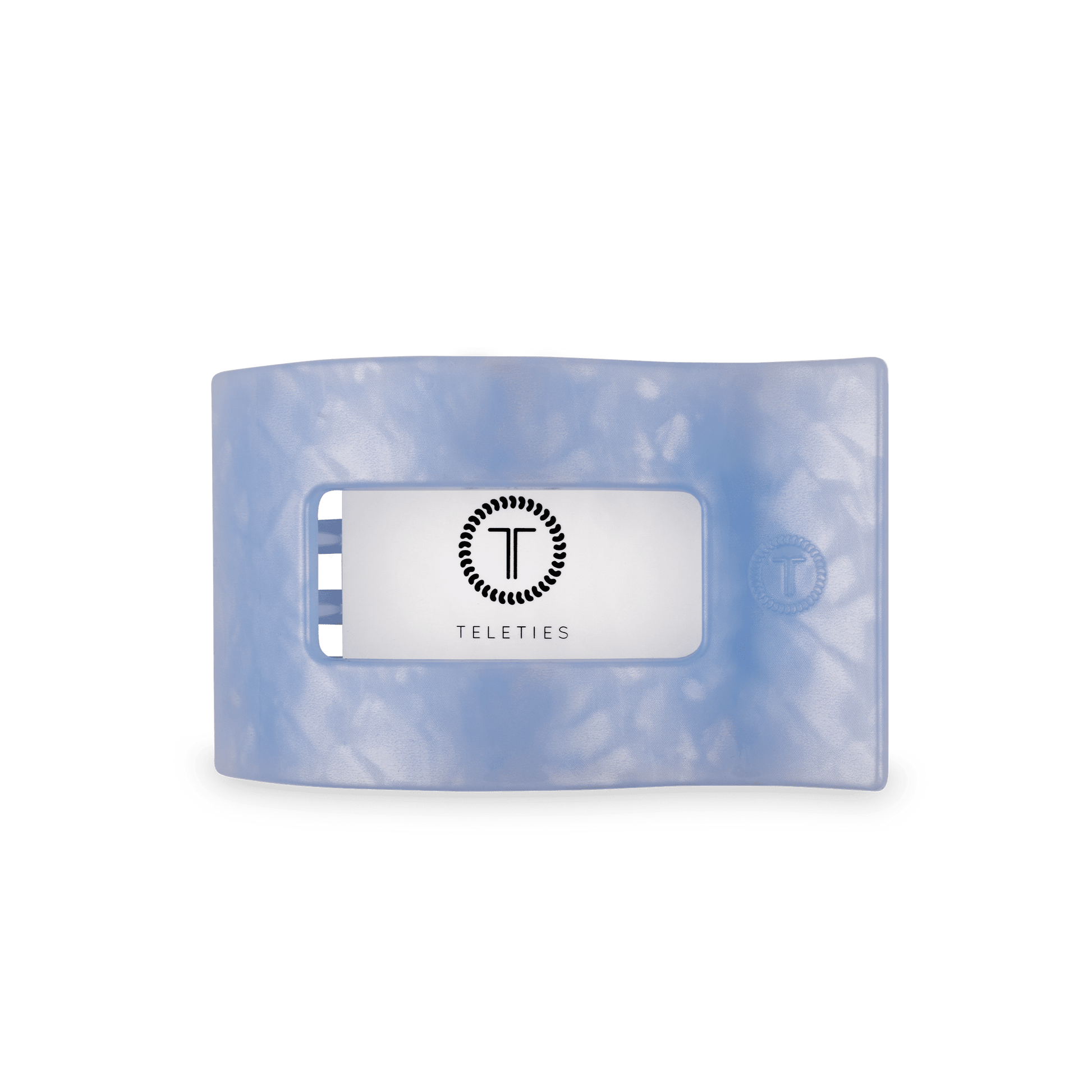Medium flat rectangle hair clip, translucent light blue with inset center branding