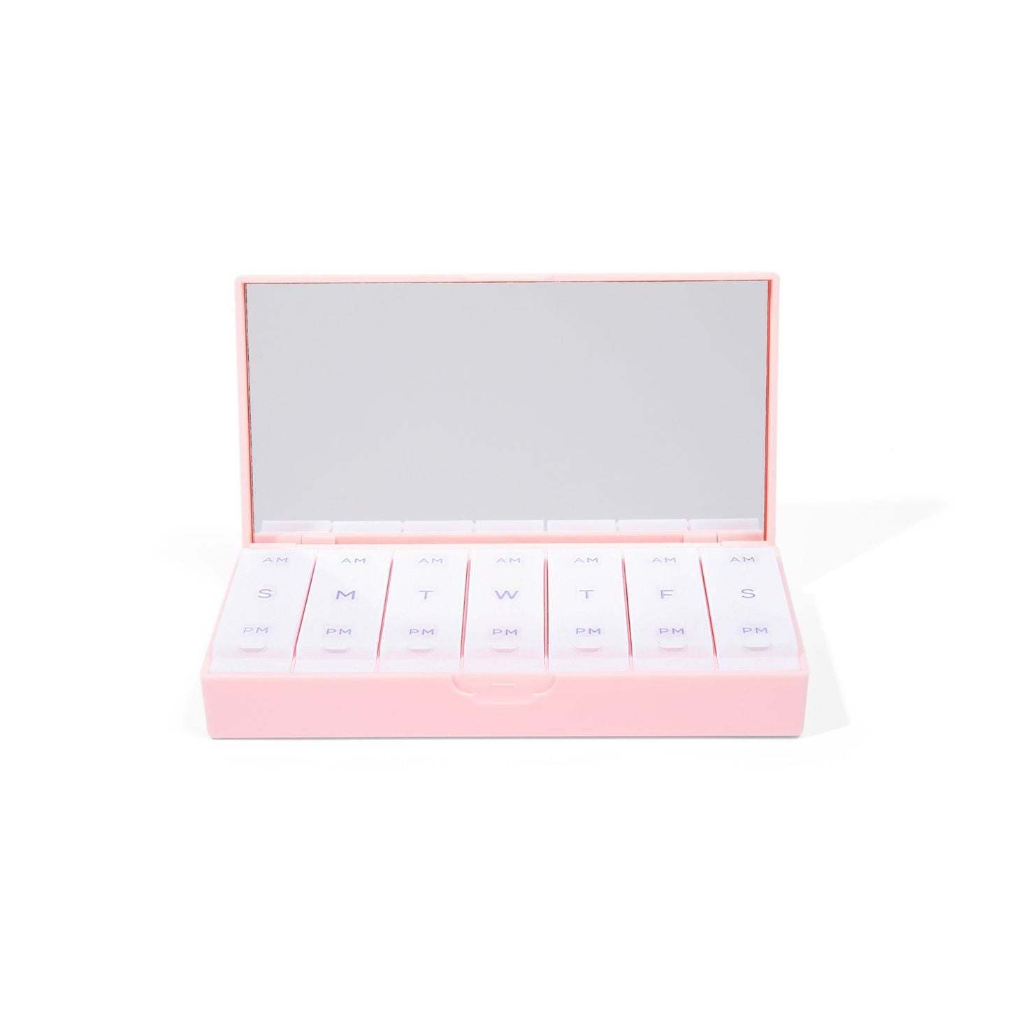 Blush pink AM/PM pill box open lid with row of labeled pill compartments