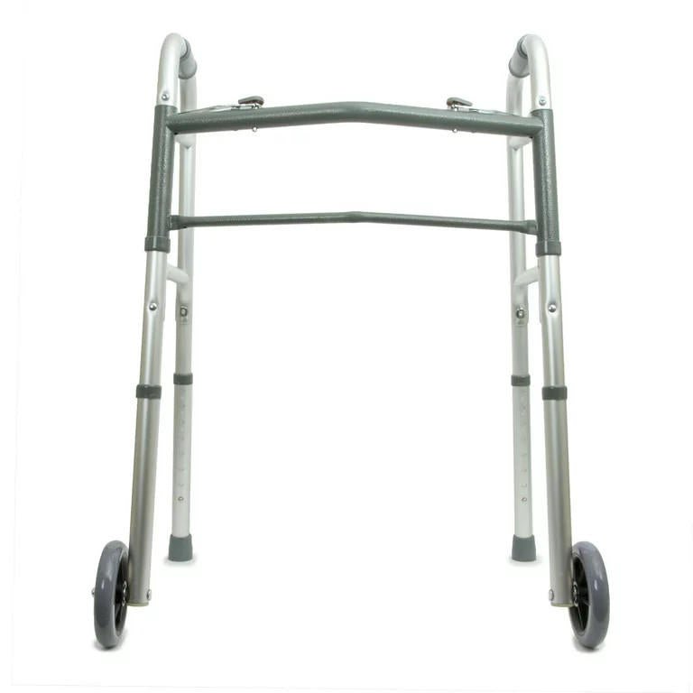 Folding walker frame front view with teal top bar and caster wheels