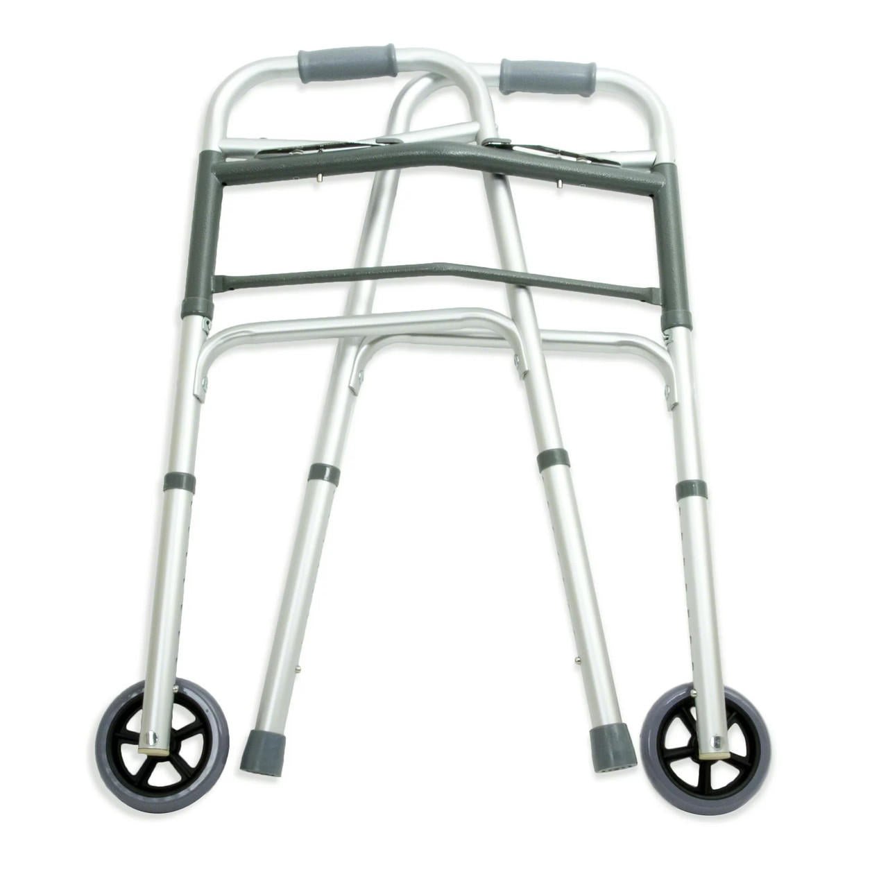 Folding walker with teal rails, silver legs, black caster wheels, and grips