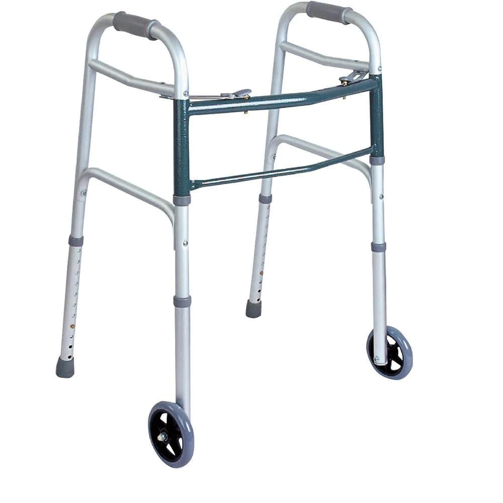 Folding walker with teal frame, silver legs, and front caster wheels