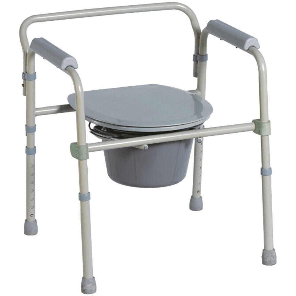 3-in-1 steel commode with padded gray seat, removable bucket, armrests and legs