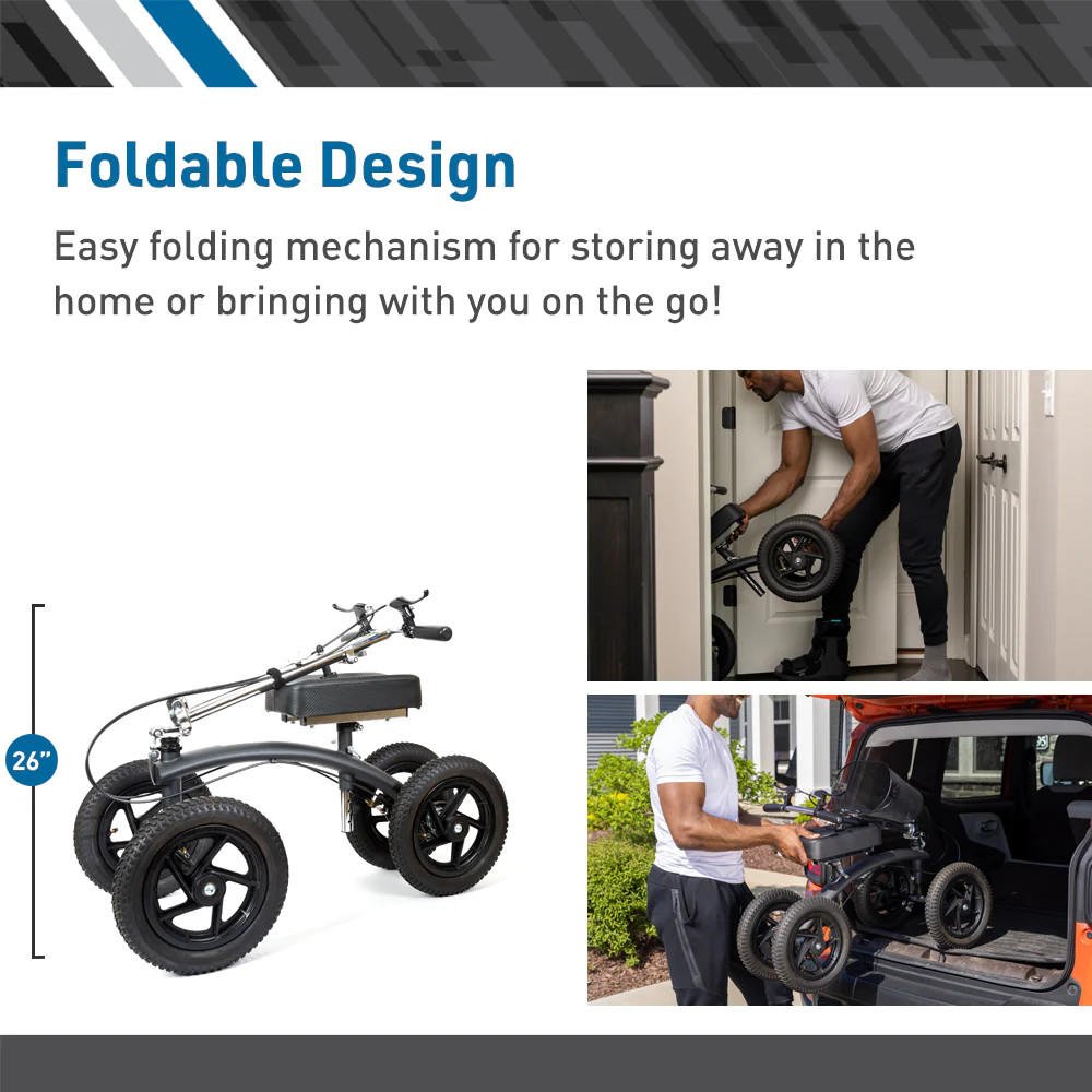 Foldable all-terrain knee walker with padded knee support and large tread wheels