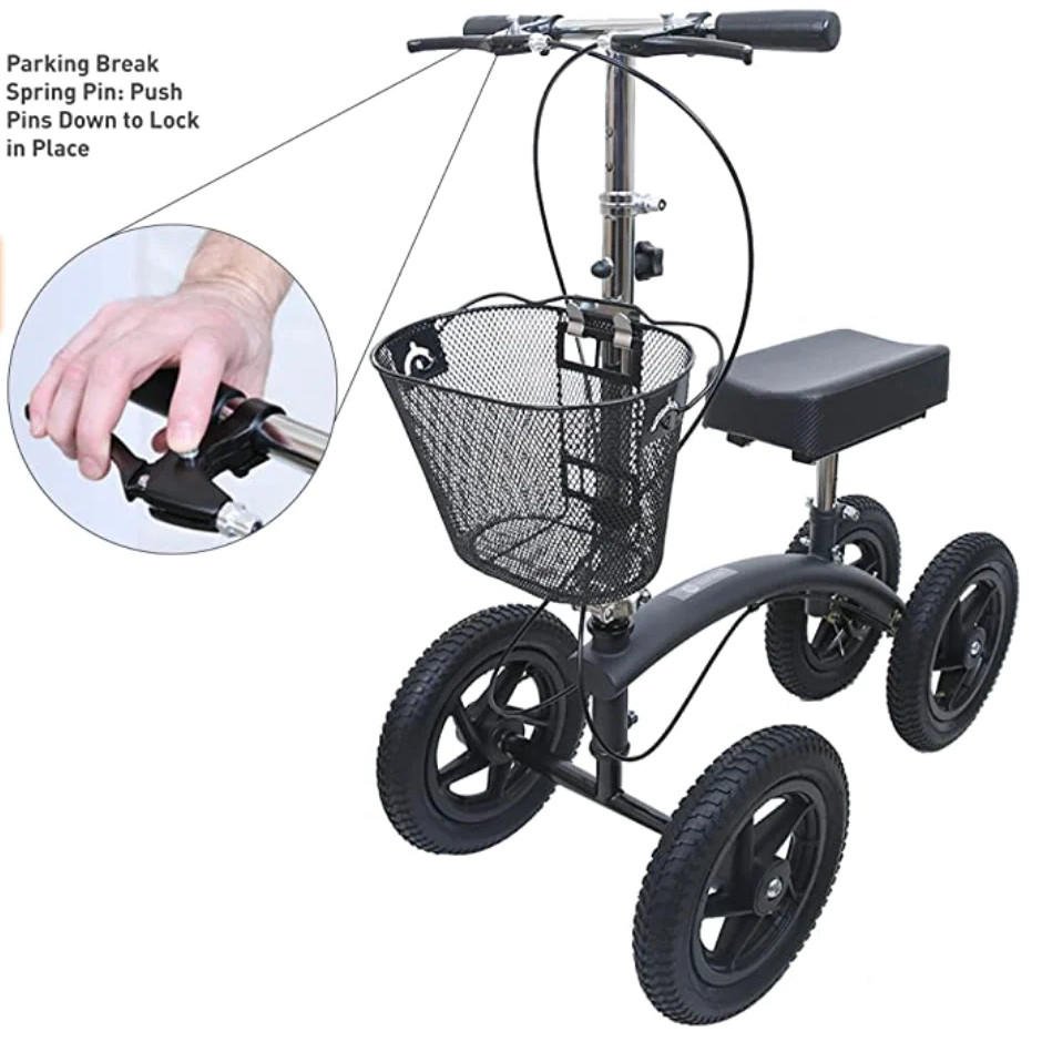 All-terrain knee walker with parking brake spring pin and front mesh storage basket